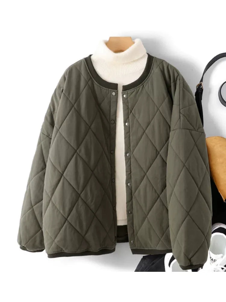 Olive Green Diamond Quilted Padded Jacket with Ribbed Crew Neck