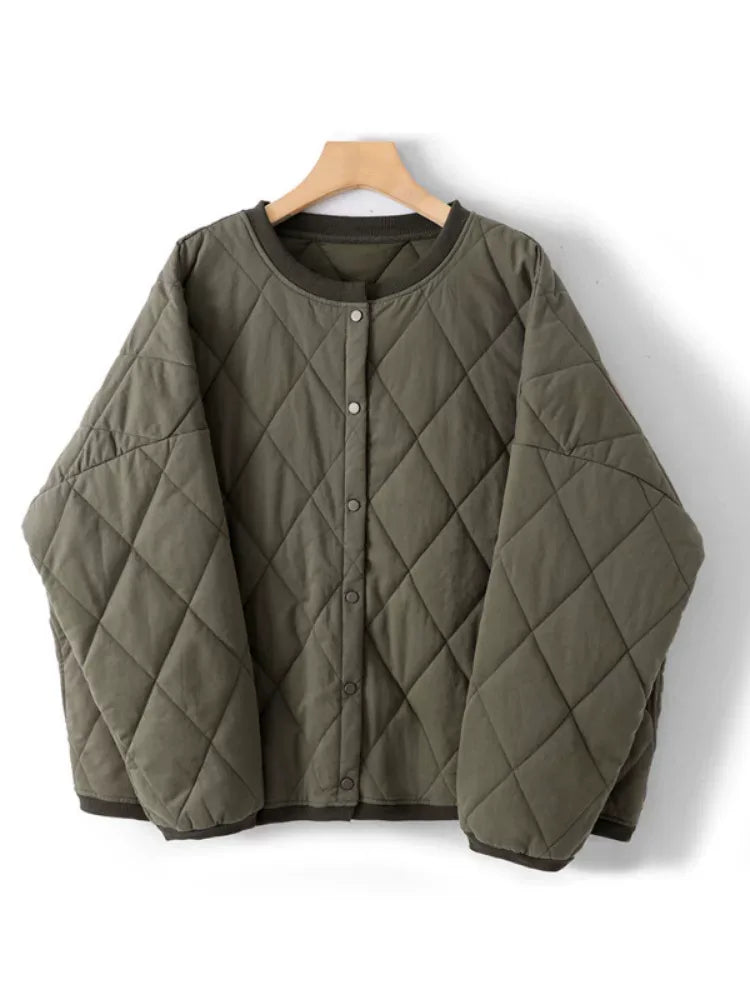 Olive Green Diamond Quilted Padded Jacket with Ribbed Crew Neck