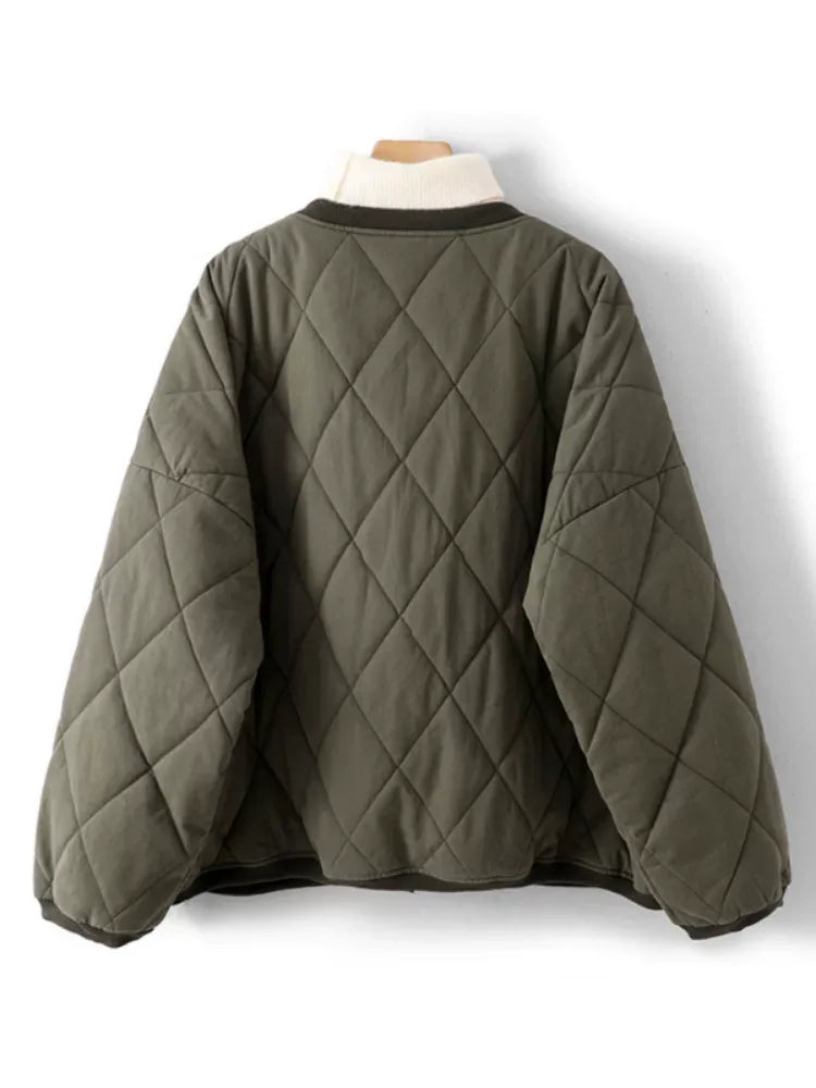 Olive Green Diamond Quilted Padded Jacket with Ribbed Crew Neck