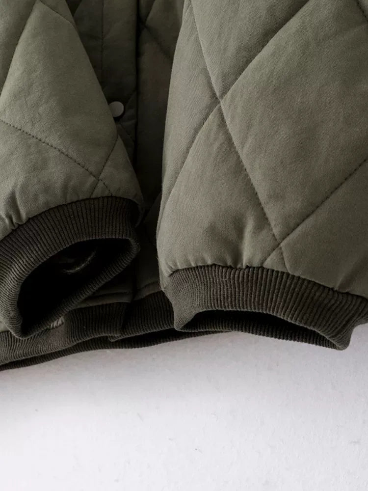 Olive Green Diamond Quilted Padded Jacket with Ribbed Crew Neck