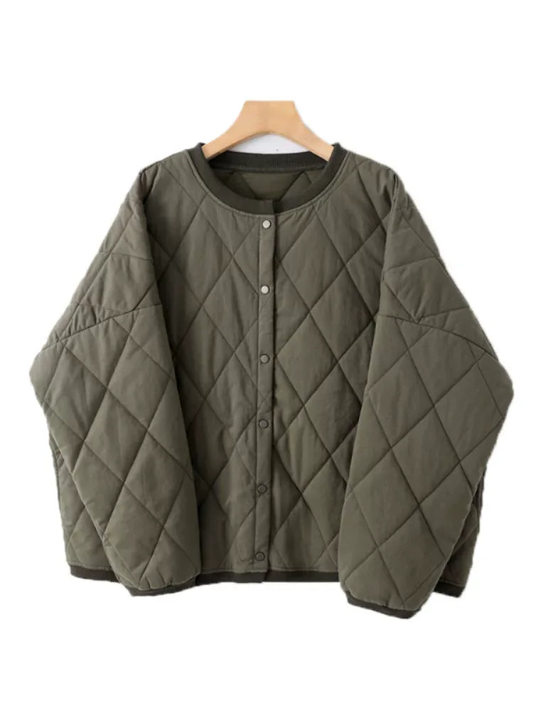 Olive Green Diamond Quilted Padded Jacket with Ribbed Crew Neck