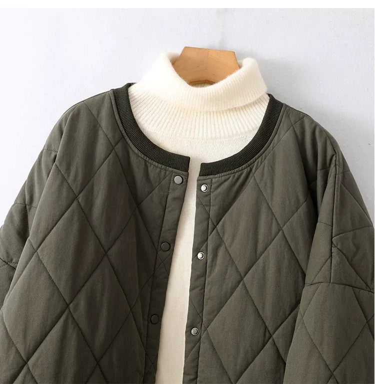 Olive Green Diamond Quilted Padded Jacket with Ribbed Crew Neck