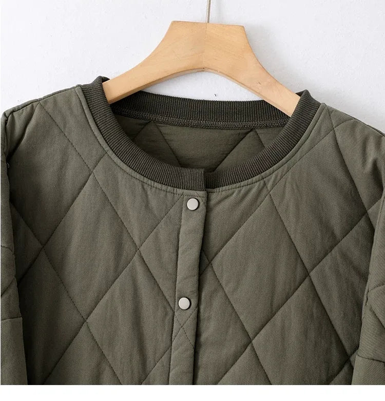 Olive Green Diamond Quilted Padded Jacket with Ribbed Crew Neck