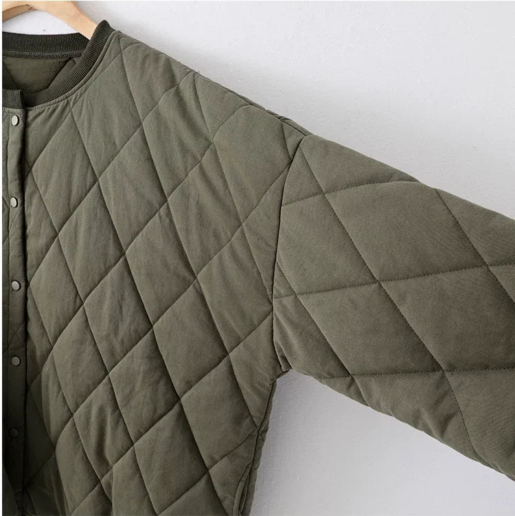 Olive Green Diamond Quilted Padded Jacket with Ribbed Crew Neck