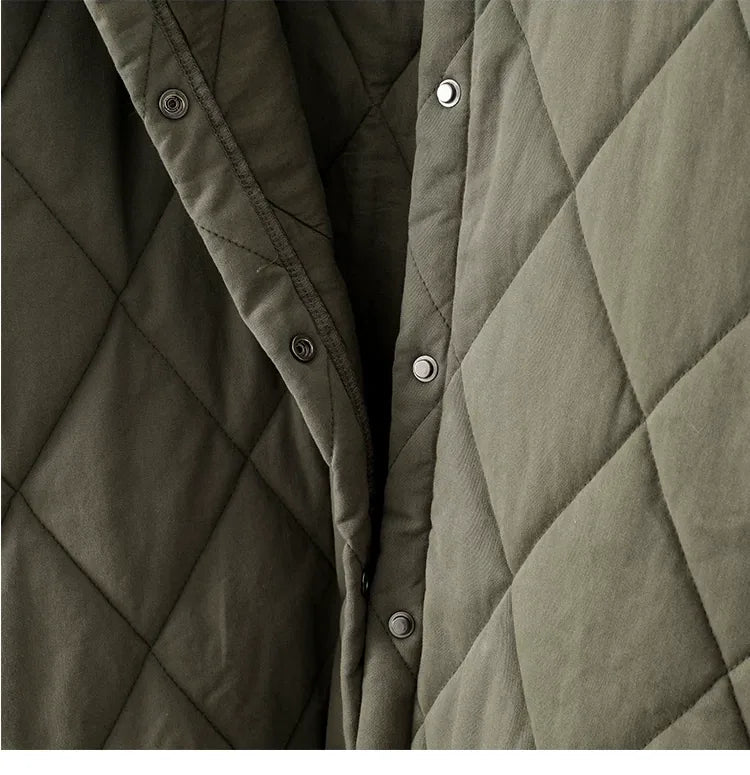 Olive Green Diamond Quilted Padded Jacket with Ribbed Crew Neck
