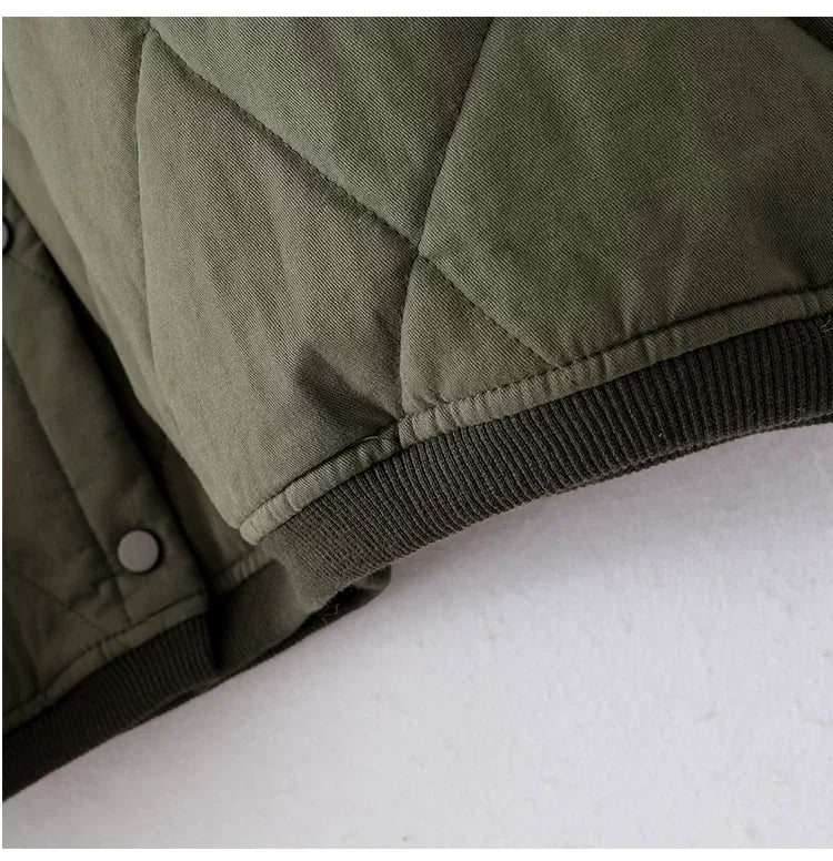Olive Green Diamond Quilted Padded Jacket with Ribbed Crew Neck