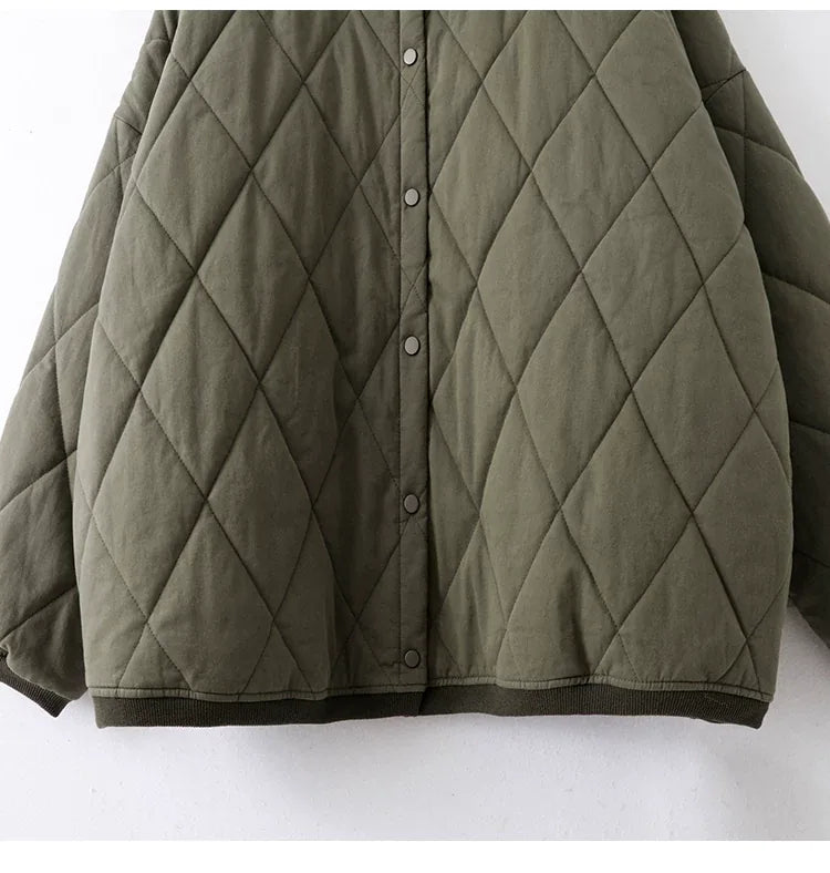 Olive Green Diamond Quilted Padded Jacket with Ribbed Crew Neck