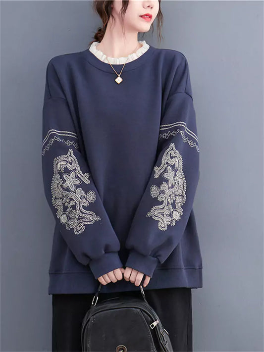 Oversize Heavy Embroidery Lace Trim Crew Neck Sweatshirt