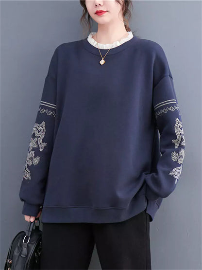 Sudadera de cuello redondo con ribete de encaje y bordado intenso de gran tamaño