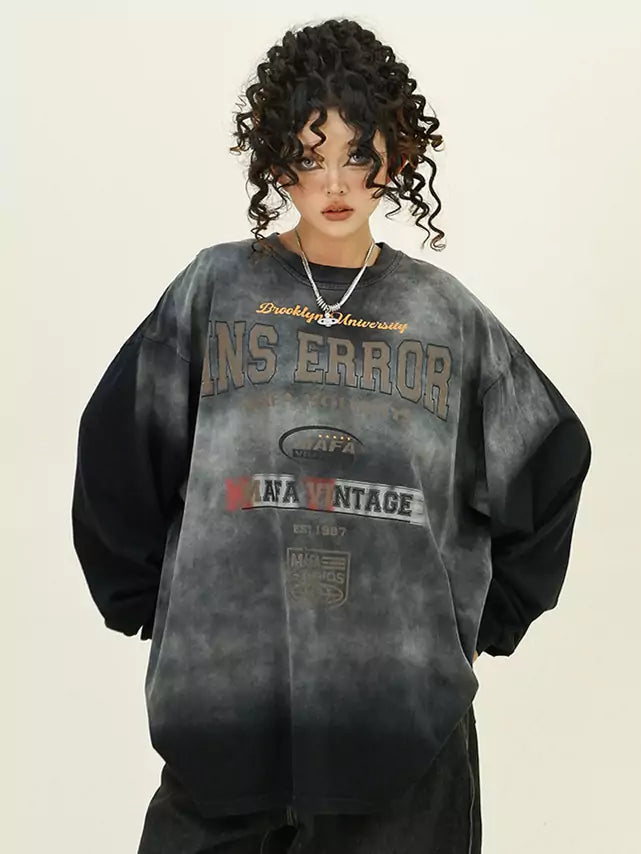 Oversized Distressed Tie-Dye Ombre Crewneck Sweatshirt
