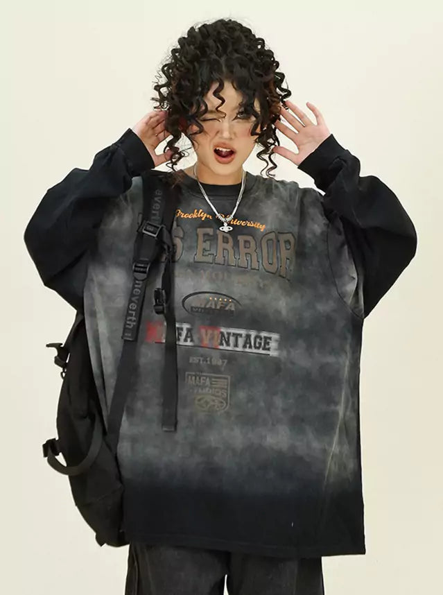 Oversized Distressed Tie-Dye Ombre Crewneck Sweatshirt