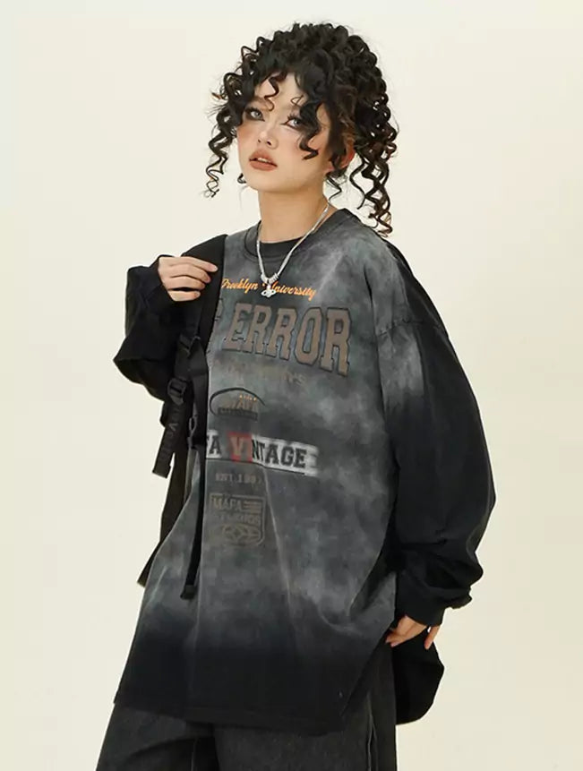 Oversized Distressed Tie-Dye Ombre Crewneck Sweatshirt