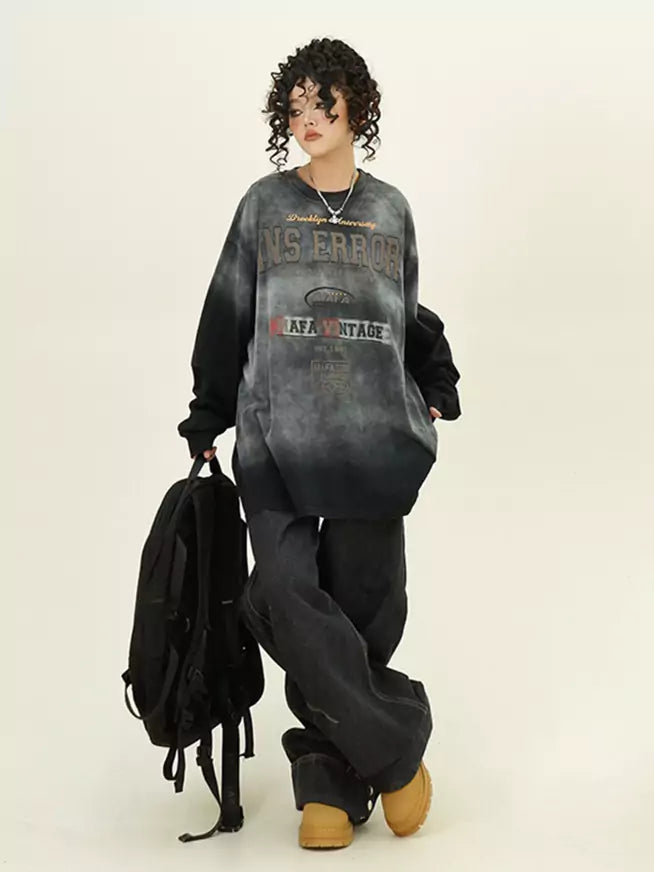 Oversized Distressed Tie-Dye Ombre Crewneck Sweatshirt