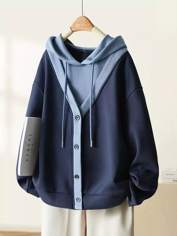 Oversized Faux Two-Piece Knit Hoodie with Contrast Color