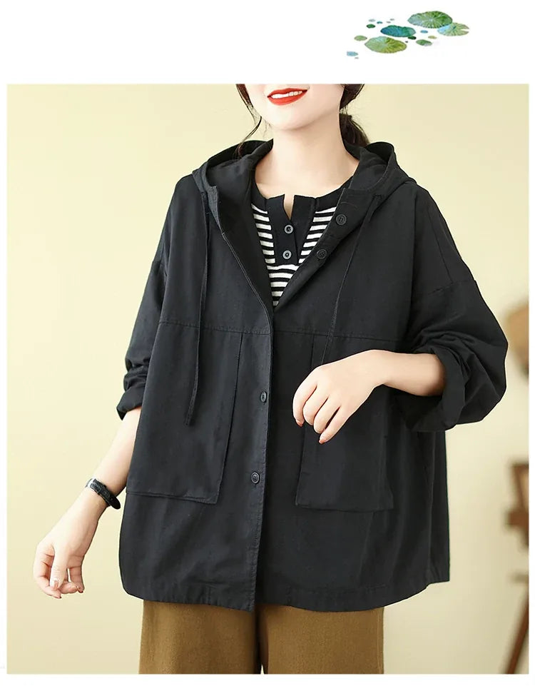 Oversized Hooded Shirt Jacket with Patch Pockets