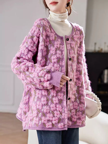 Oversized Jacquard Knit Cardigan with Round Neck