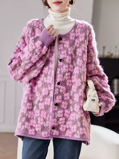 Oversized Jacquard Knit Cardigan with Round Neck