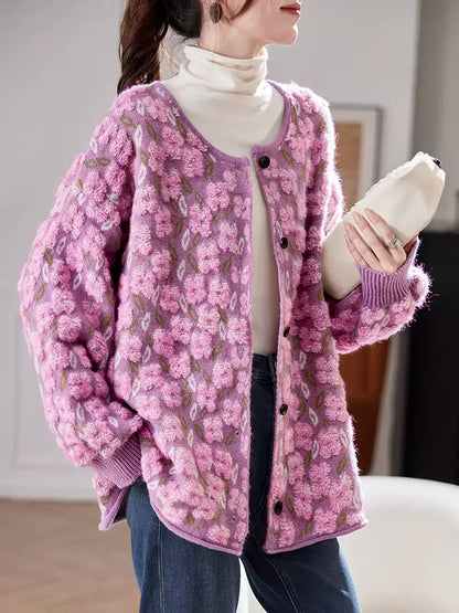Oversized Jacquard Knit Cardigan with Round Neck