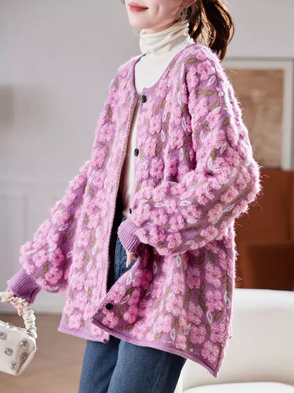 Oversized Jacquard Knit Cardigan with Round Neck