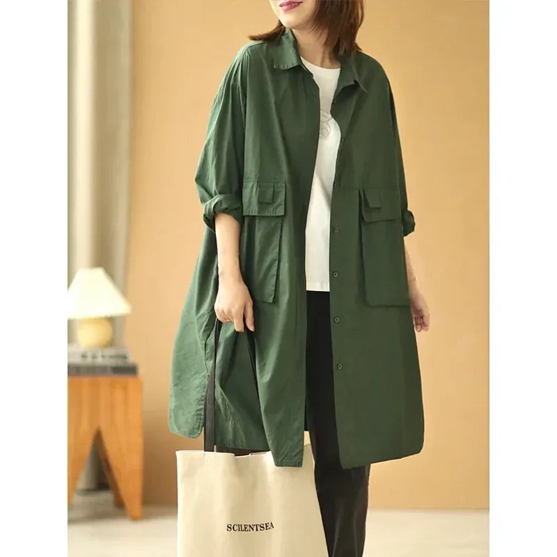 Oversized Knee-Length Shirt Jacket with Patch Pockets