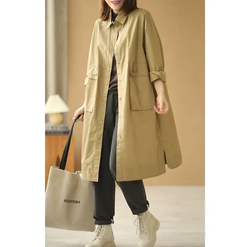 Oversized Knee-Length Shirt Jacket with Patch Pockets