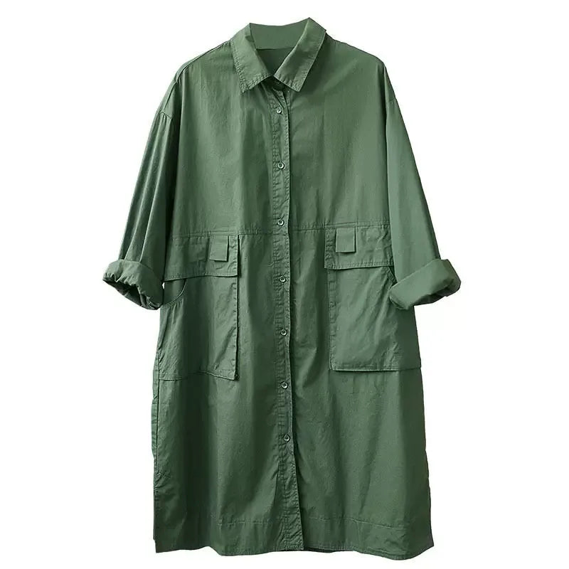 Oversized Knee-Length Shirt Jacket with Patch Pockets