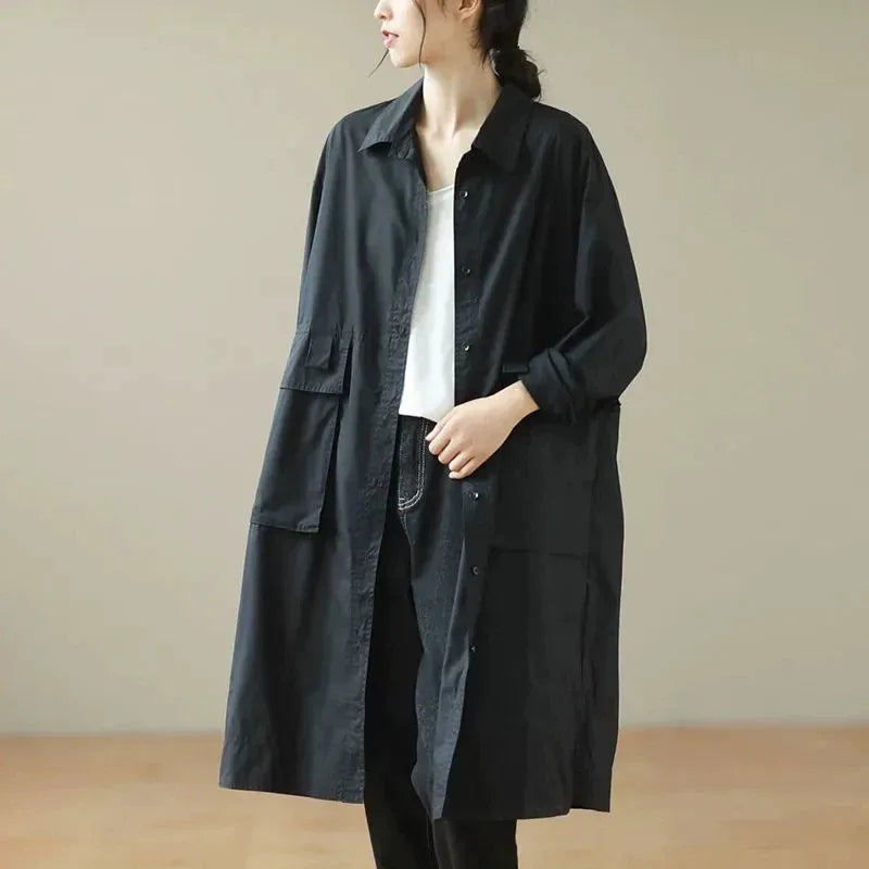 Oversized Knee-Length Shirt Jacket with Patch Pockets