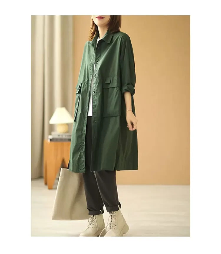 Oversized Knee-Length Shirt Jacket with Patch Pockets