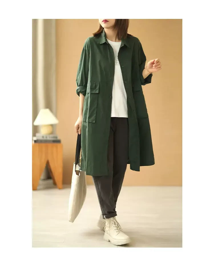 Oversized Knee-Length Shirt Jacket with Patch Pockets