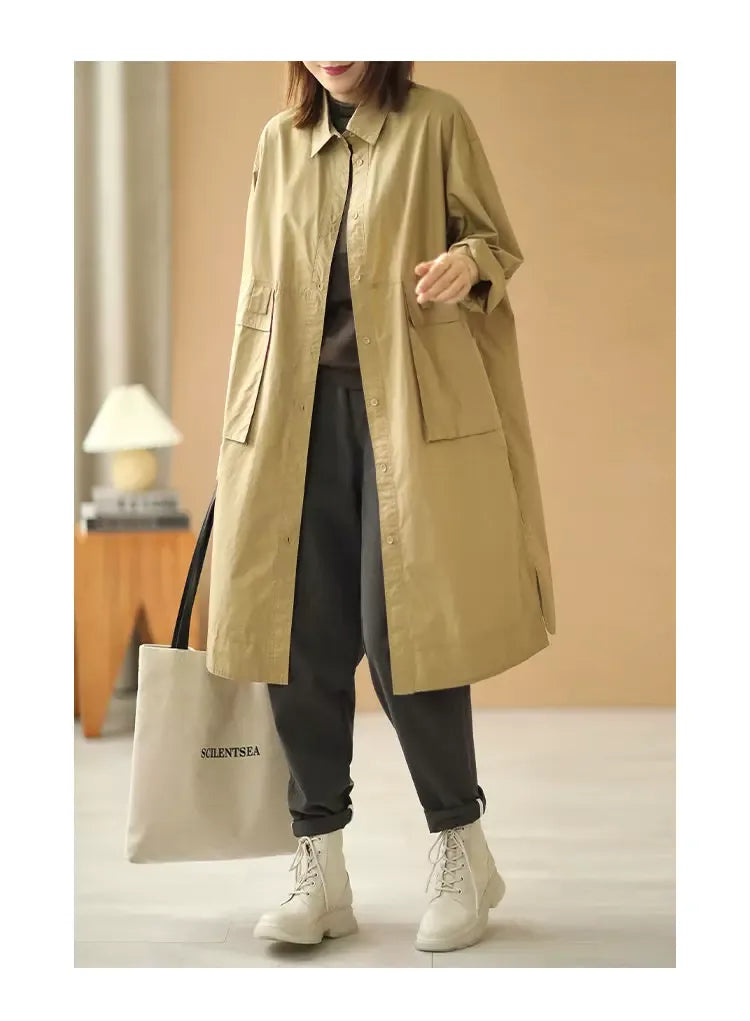 Oversized Knee-Length Shirt Jacket with Patch Pockets