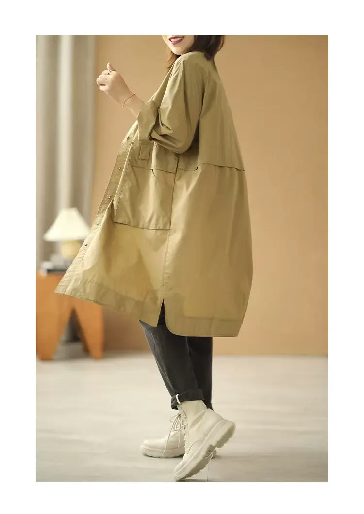 Oversized Knee-Length Shirt Jacket with Patch Pockets
