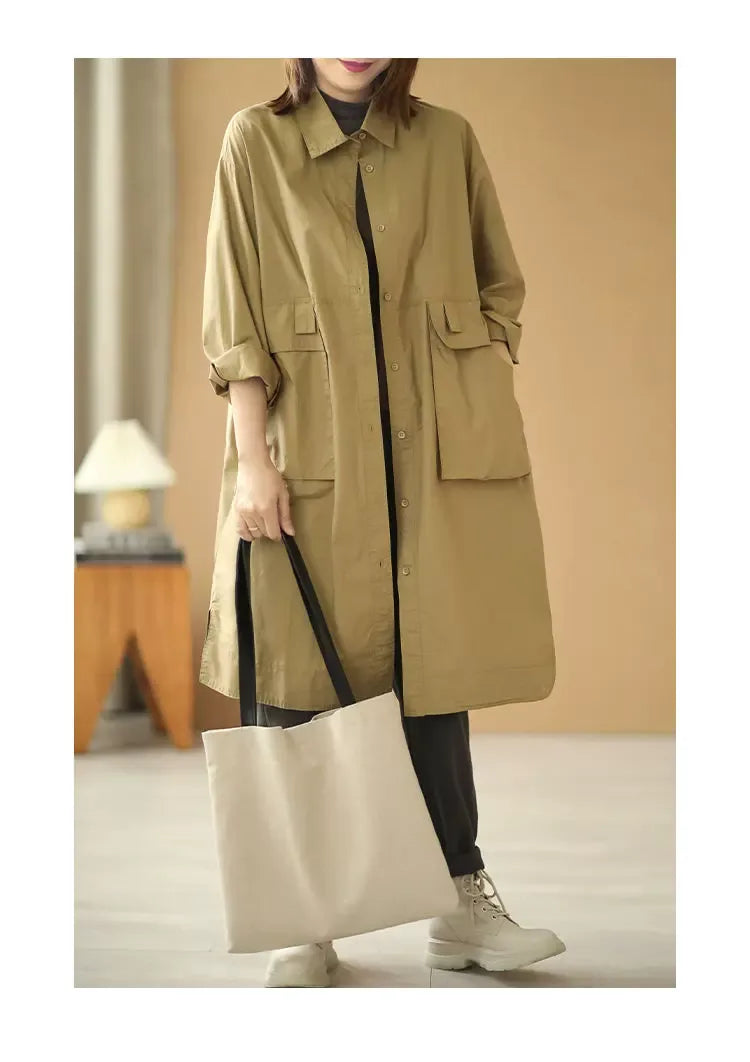 Oversized Knee-Length Shirt Jacket with Patch Pockets