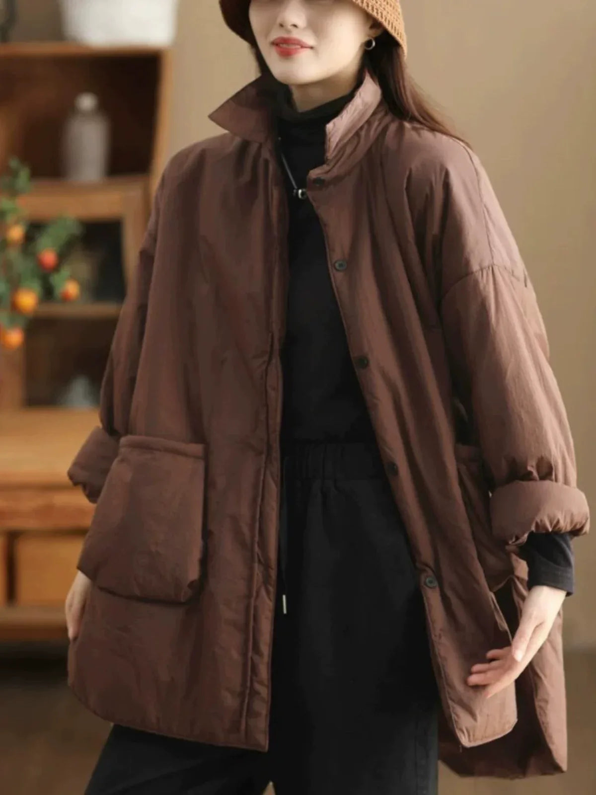 Oversized Padded Coat with Large Patch Pockets and Button Cuffs