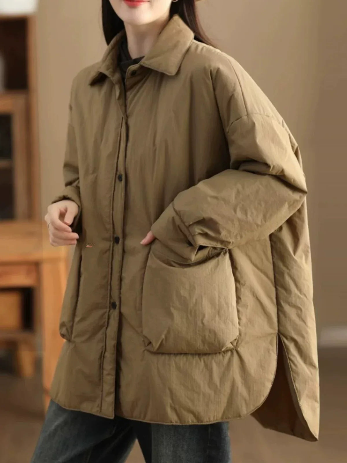 Oversized Padded Coat with Large Patch Pockets and Button Cuffs