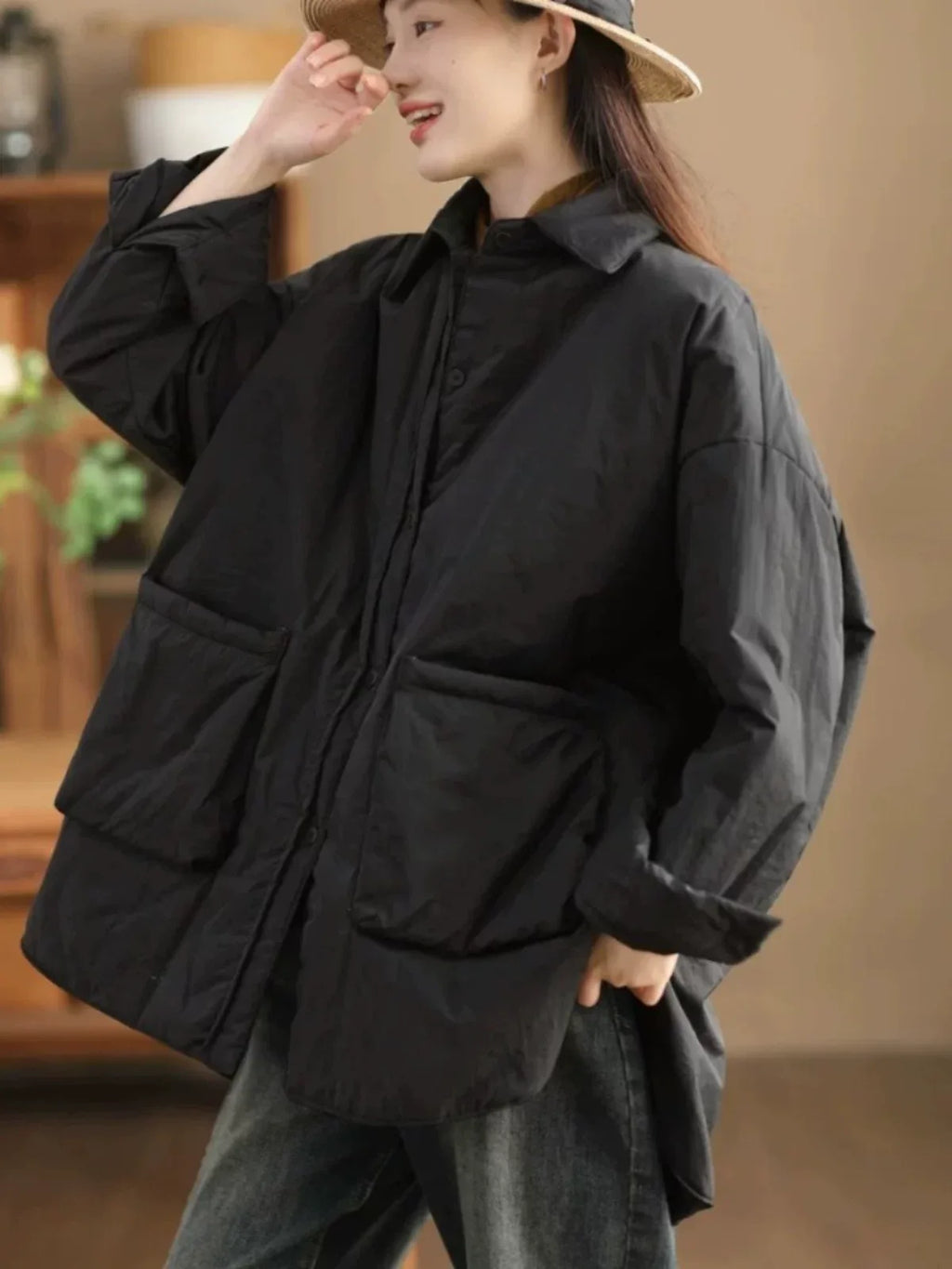 Oversized Padded Coat with Large Patch Pockets and Button Cuffs