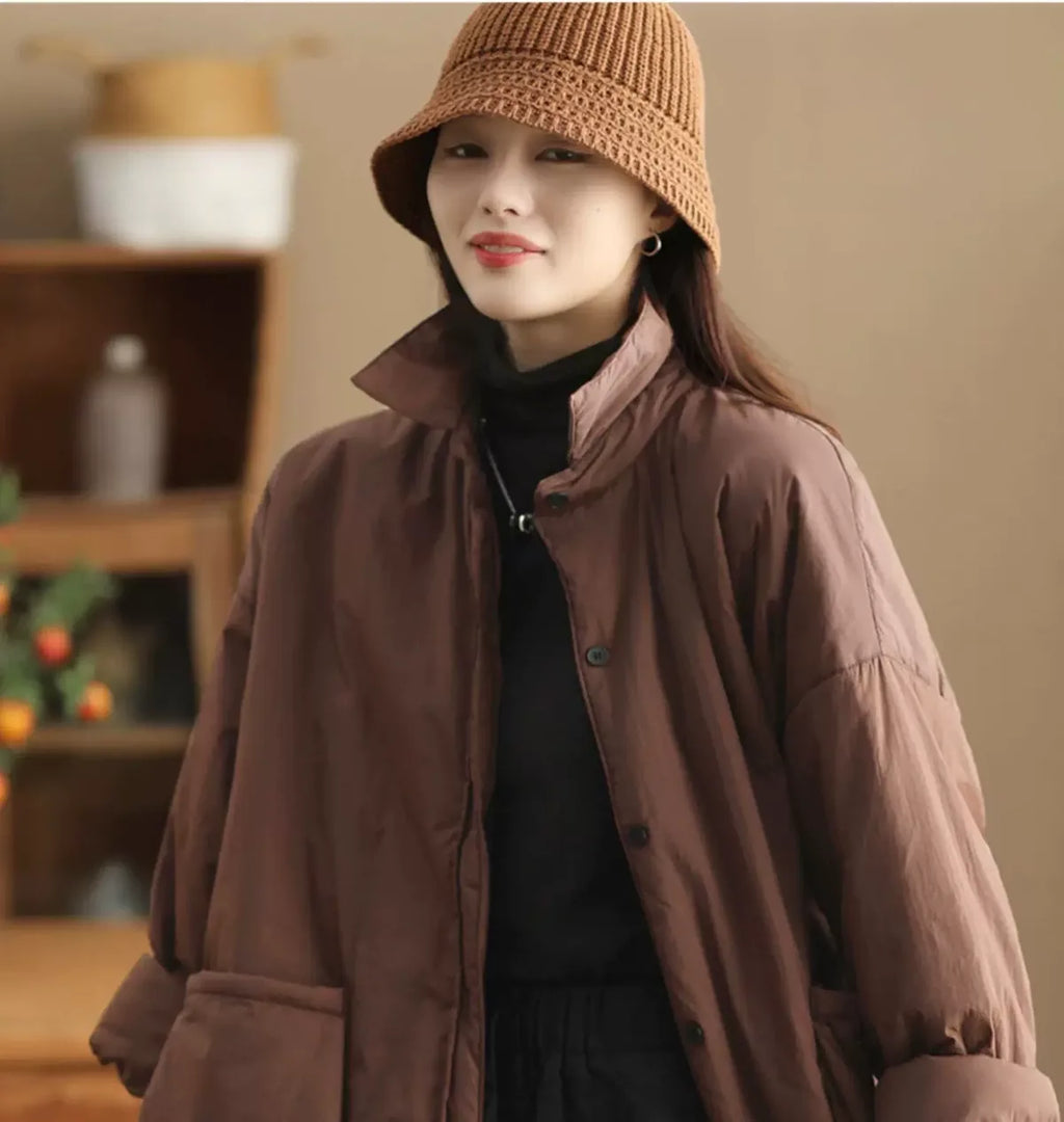 Oversized Padded Coat with Large Patch Pockets and Button Cuffs