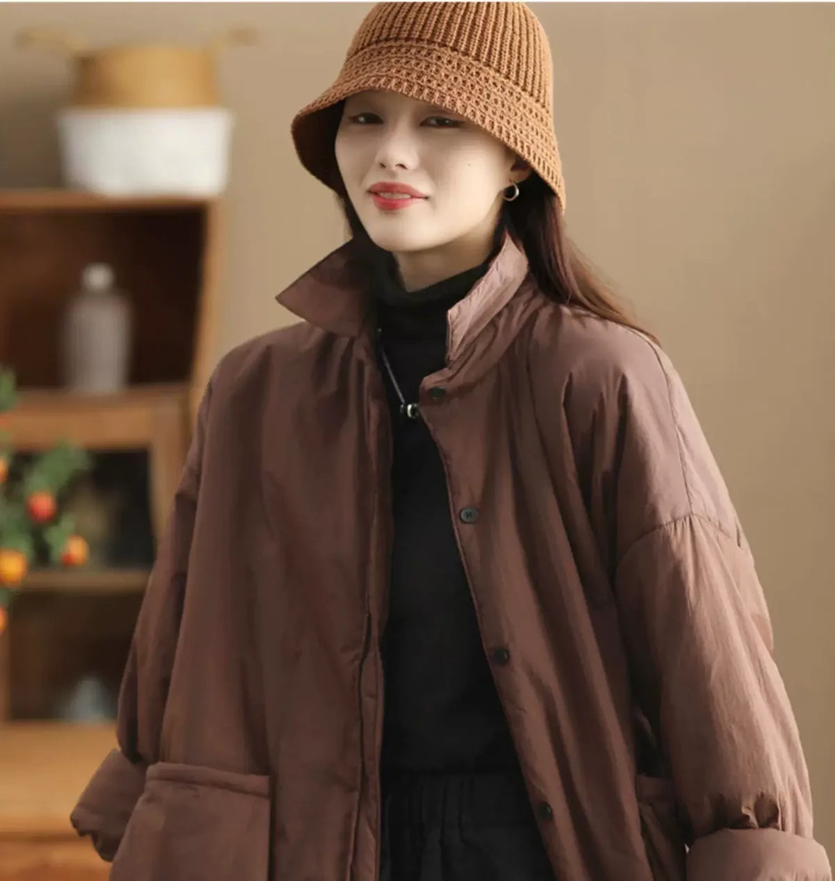 Oversized Padded Coat with Large Patch Pockets and Button Cuffs