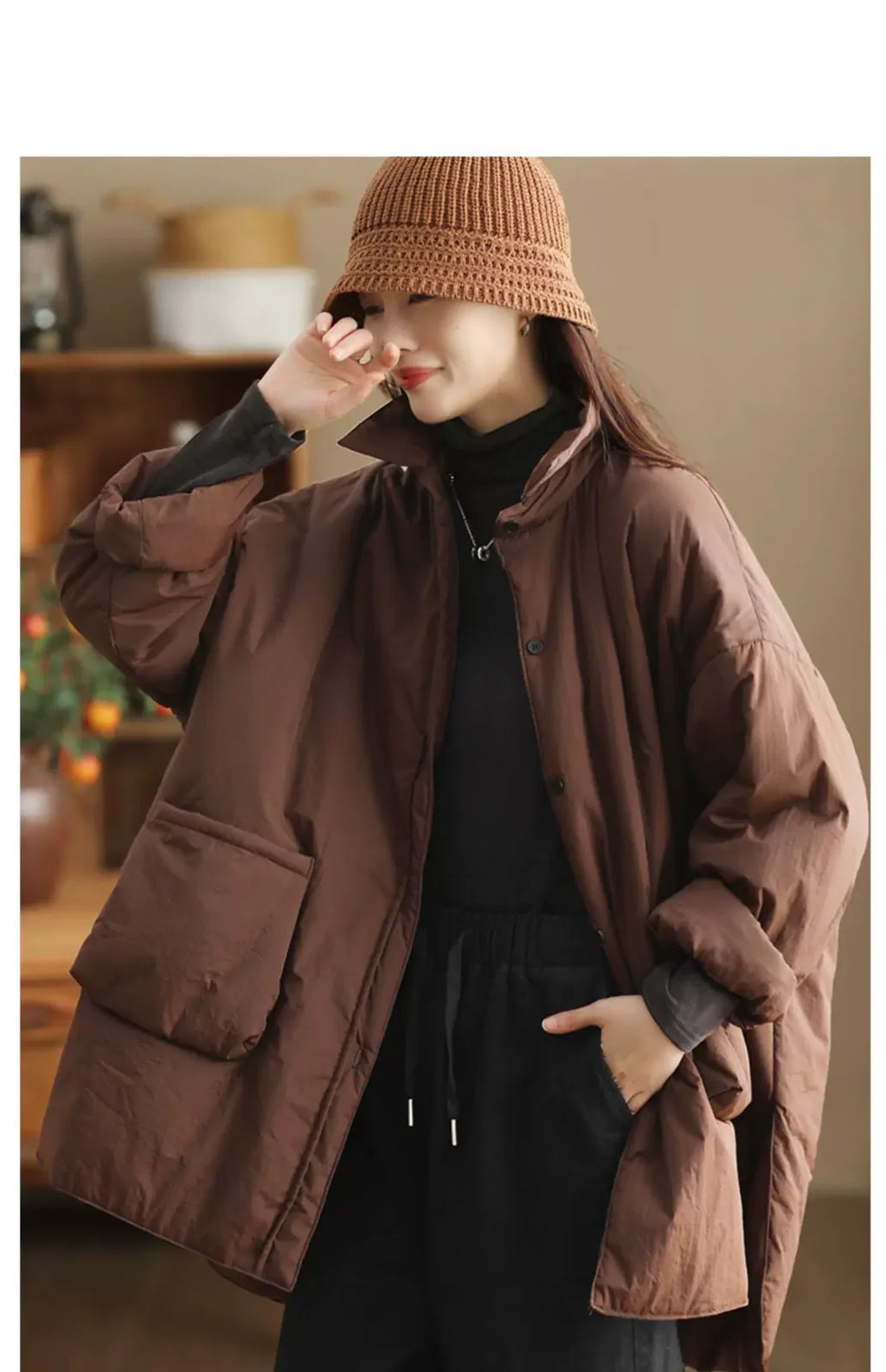 Oversized Padded Coat with Large Patch Pockets and Button Cuffs