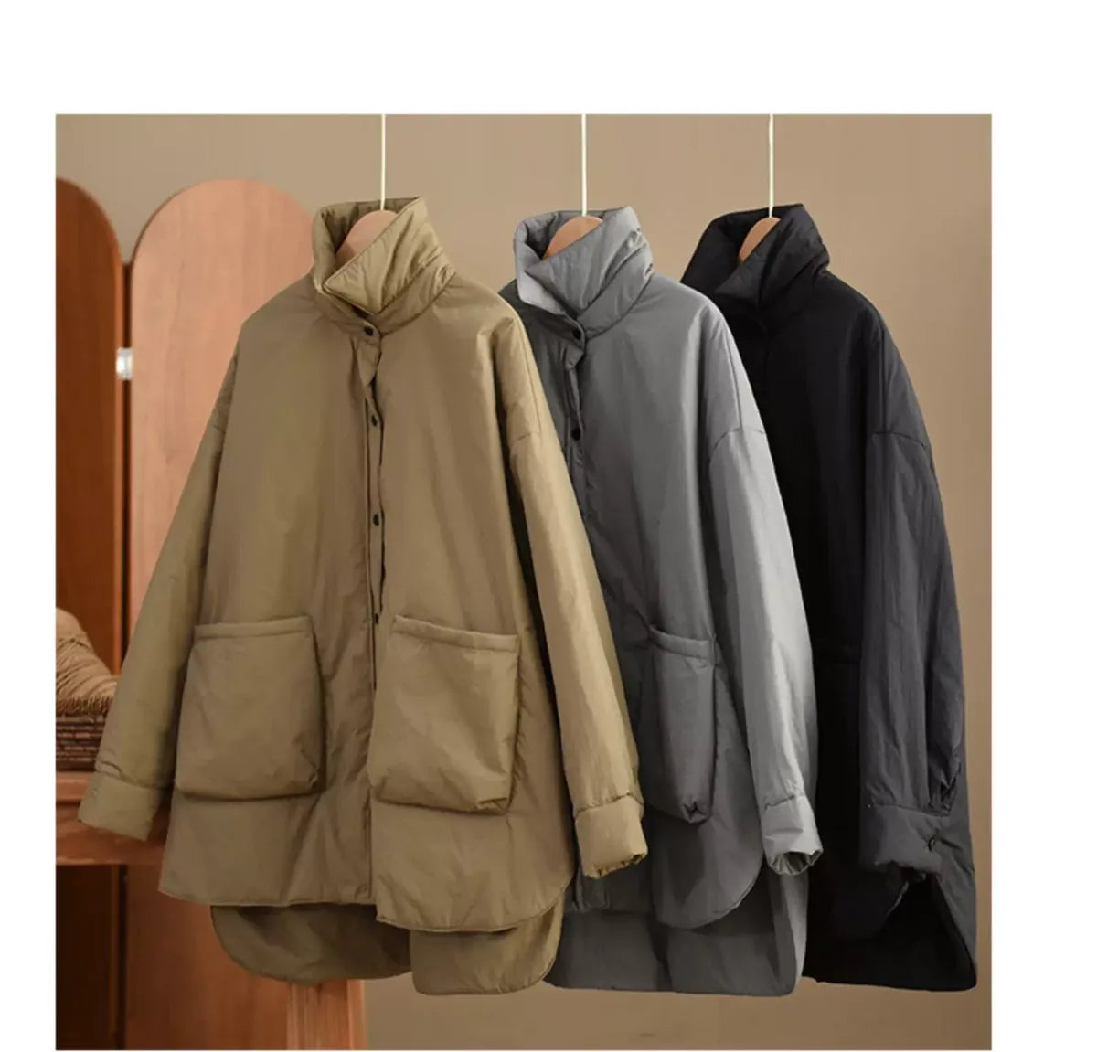 Oversized Padded Coat with Large Patch Pockets and Button Cuffs