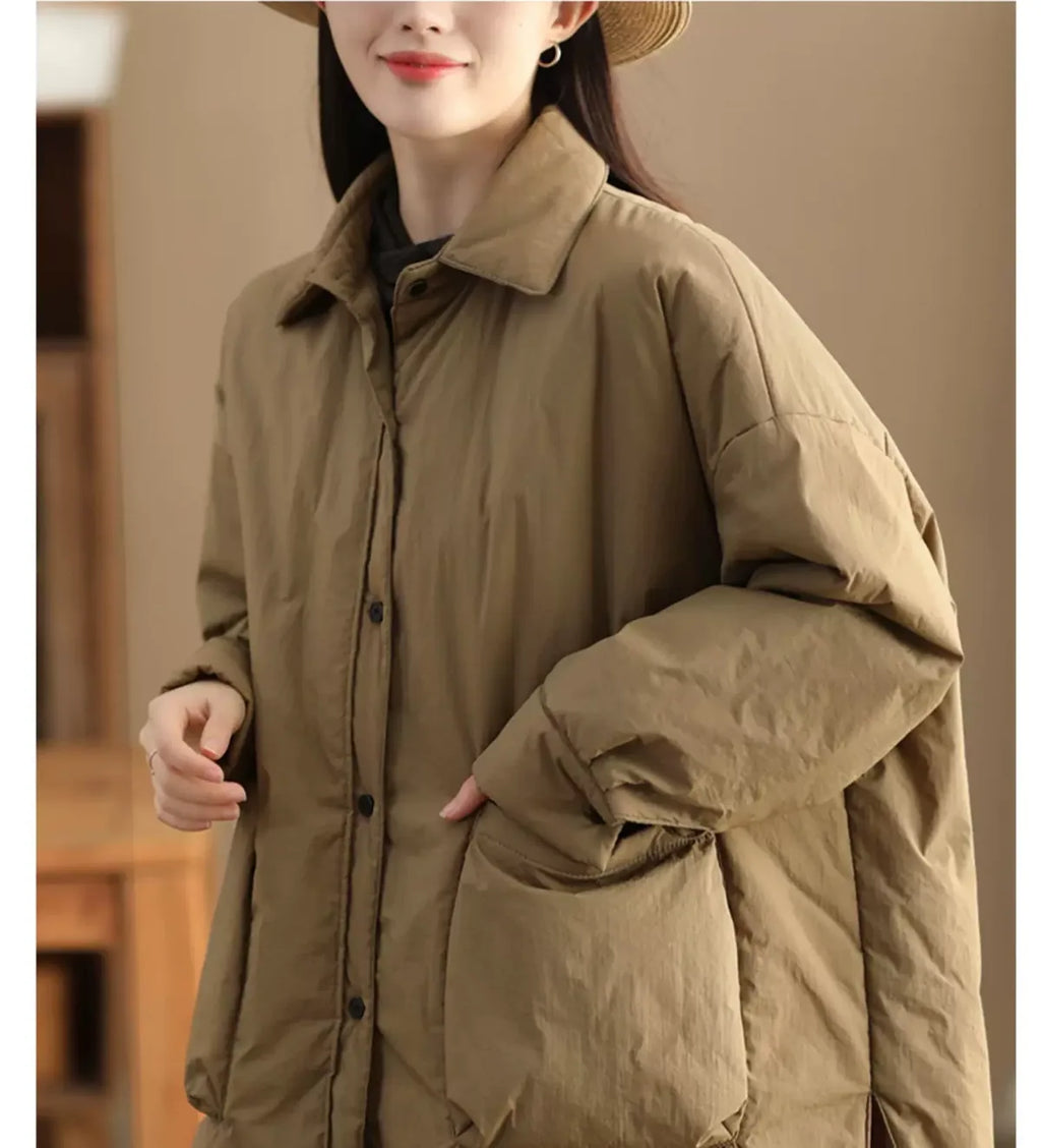 Oversized Padded Coat with Large Patch Pockets and Button Cuffs