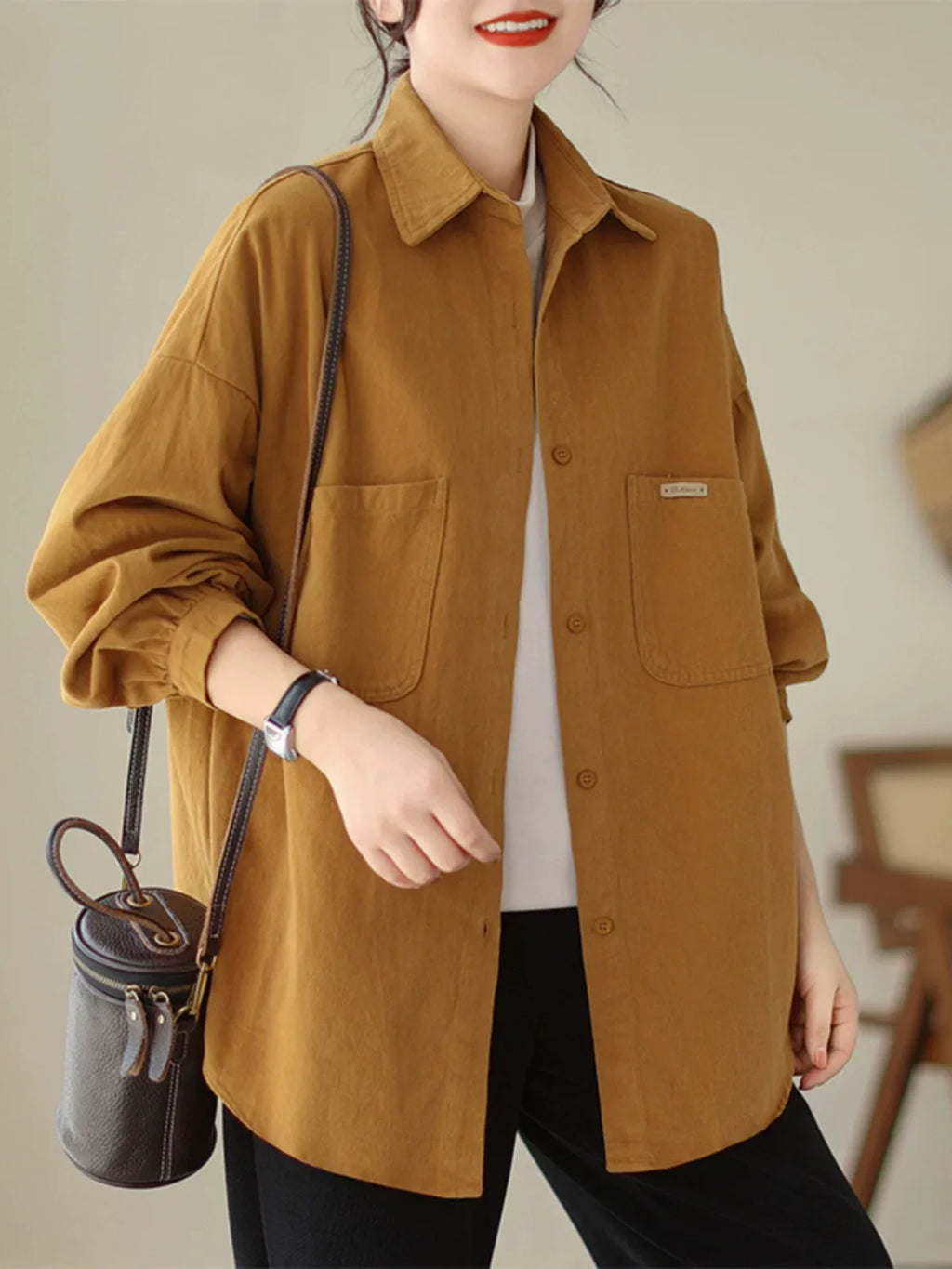 Oversized Patch Pocket Button-Front Cotton Shirt