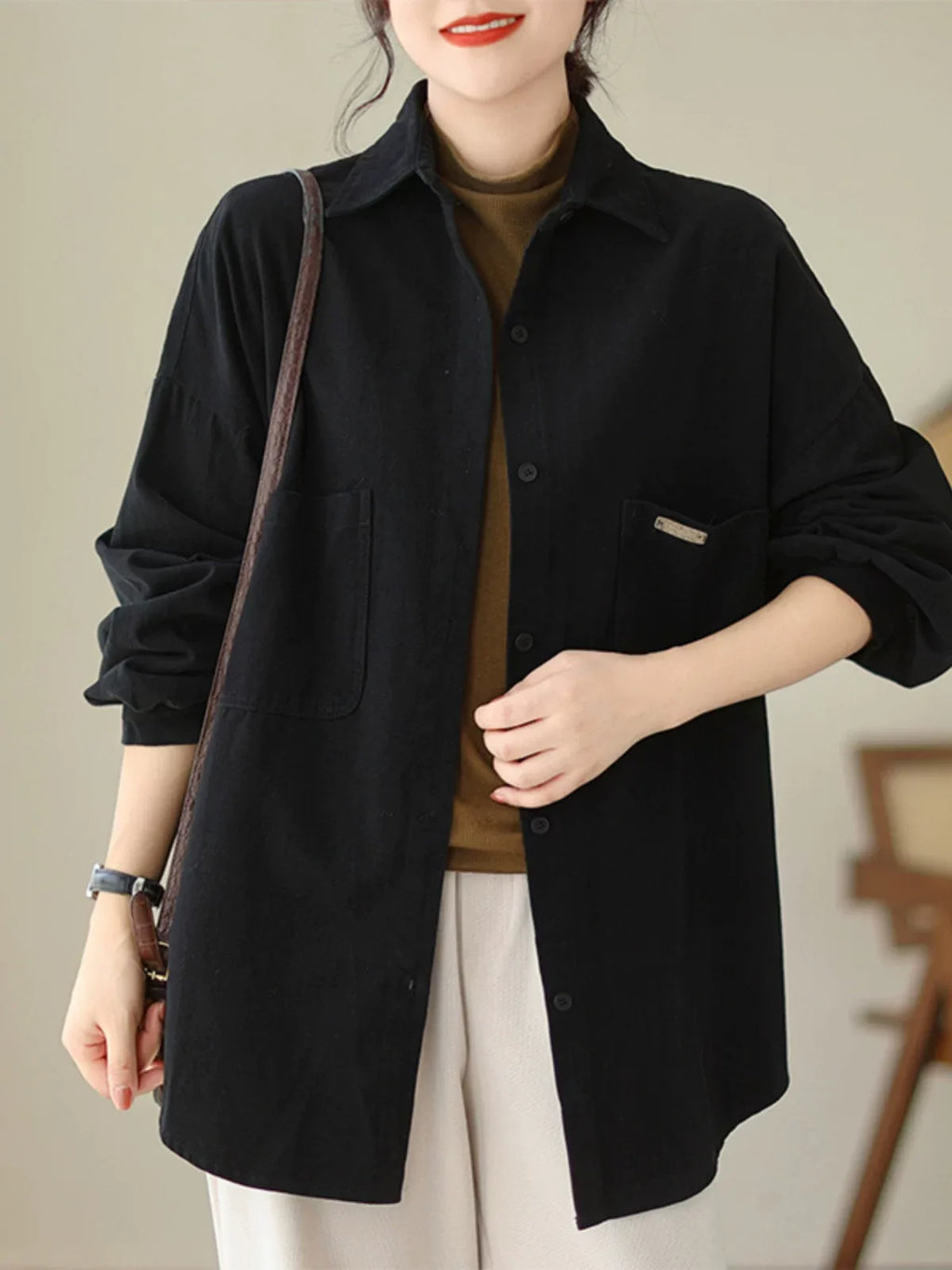 Oversized Patch Pocket Button-Front Cotton Shirt