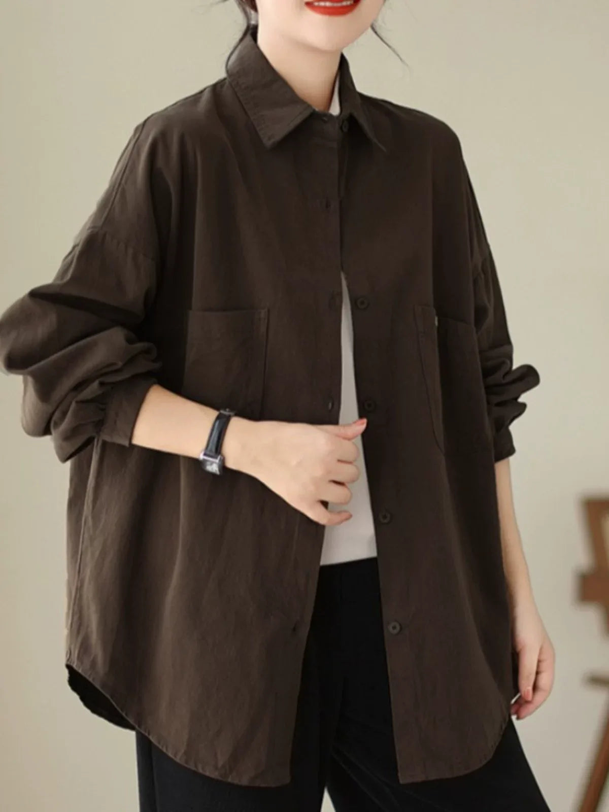 Oversized Patch Pocket Button-Front Cotton Shirt