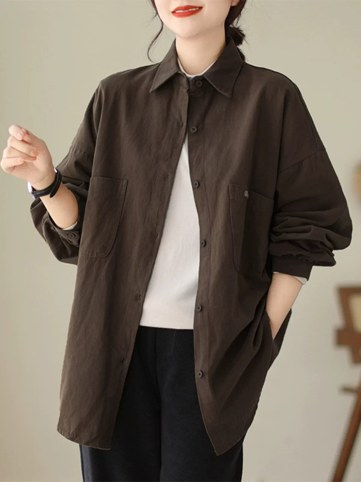 Oversized Patch Pocket Button-Front Cotton Shirt