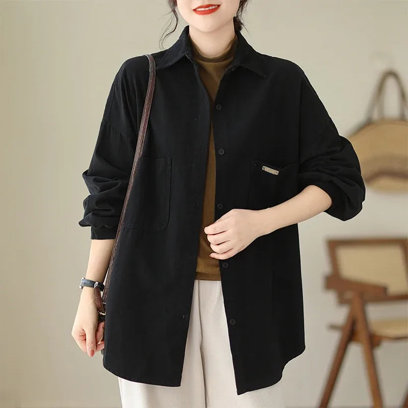 Oversized Patch Pocket Button-Front Cotton Shirt - Black