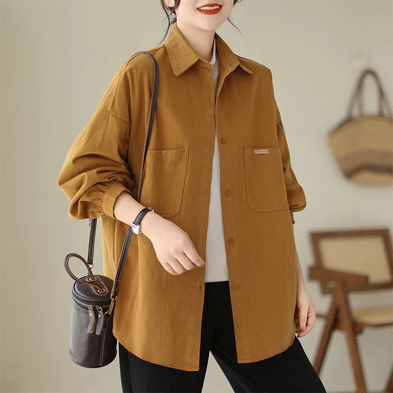 Oversized Patch Pocket Button-Front Cotton Shirt - Mustard