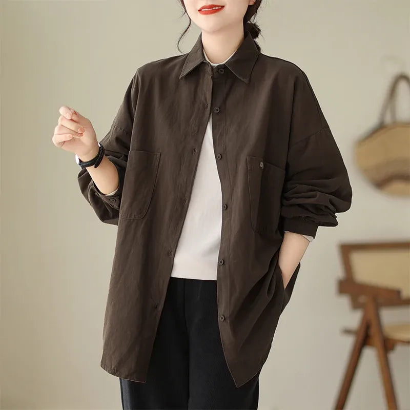 Oversized Patch Pocket Button-Front Cotton Shirt - Dark Brown