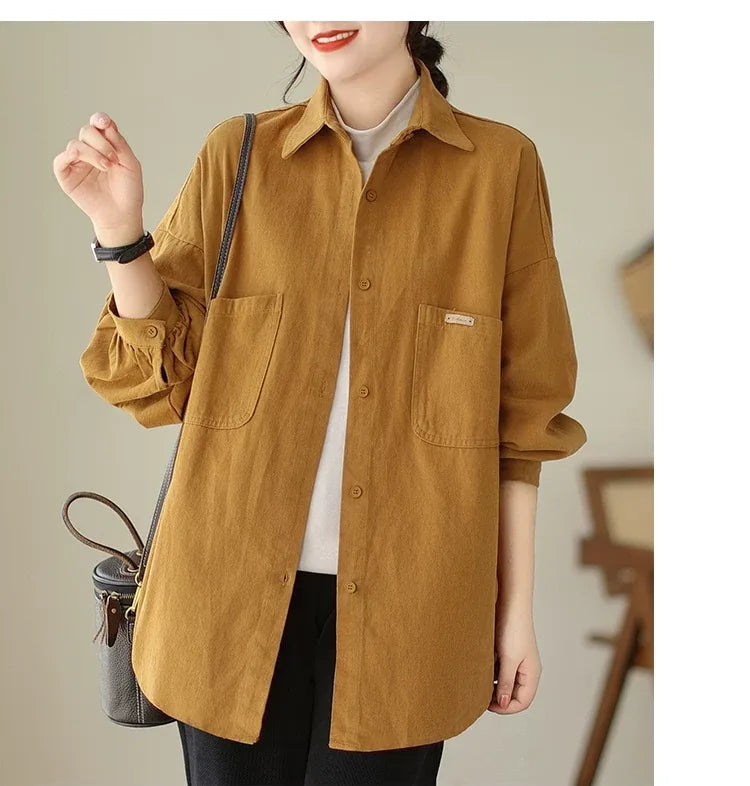 Oversized Patch Pocket Button-Front Cotton Shirt