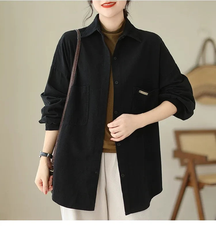 Oversized Patch Pocket Button-Front Cotton Shirt