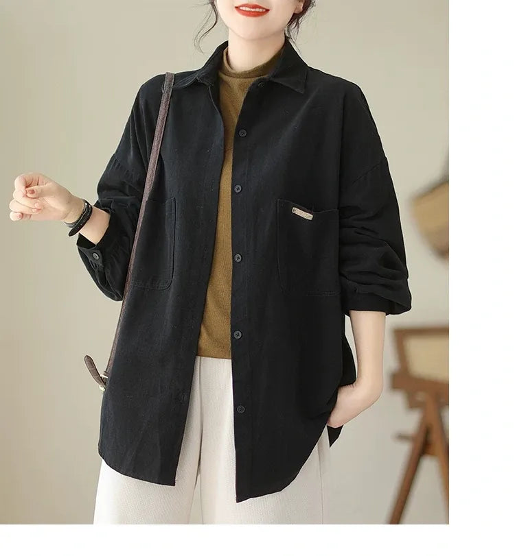 Oversized Patch Pocket Button-Front Cotton Shirt